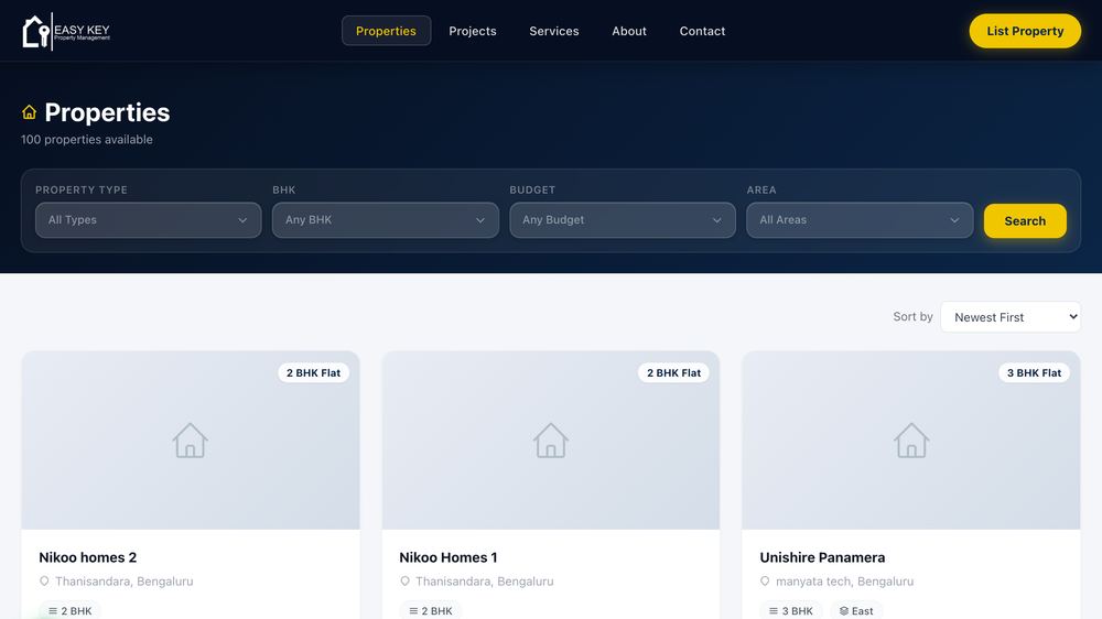 Properties listing page showing 100 available properties with filters